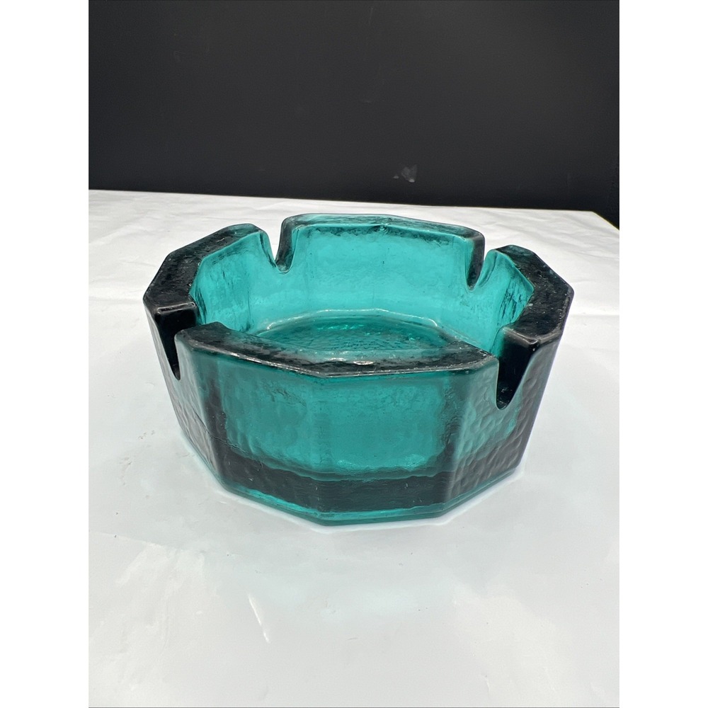Vintage Blenko Teal Blue Glass Octagon Ashtray Pebbled Bottom MCM 3.75"